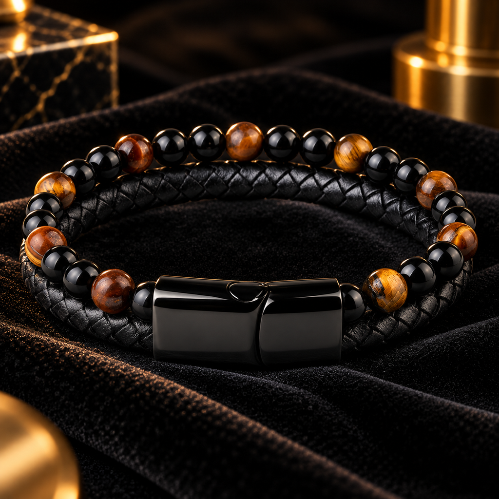 Leren armband met natuursteen | magneetsluiting | 20mm breed