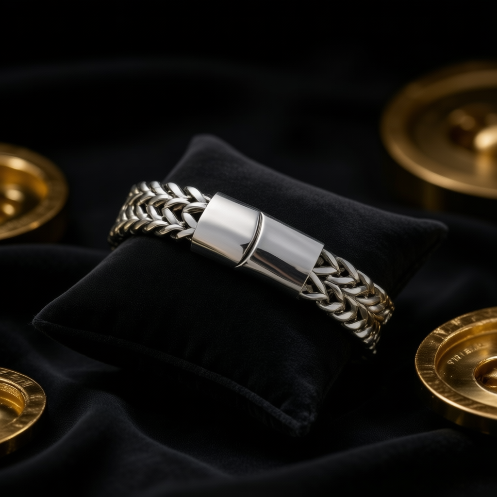 Gevlochten zilveren armband – magneetsluiting — gedragen