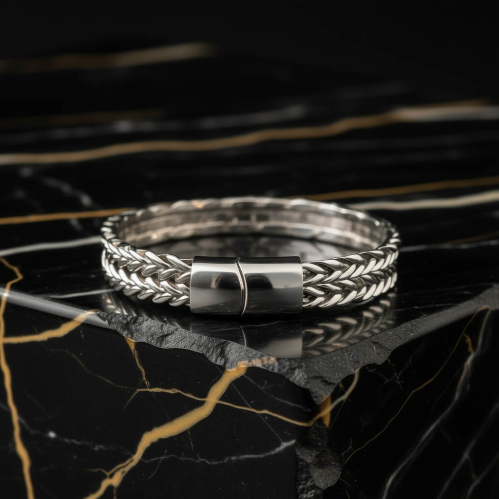 Gevlochten zilveren armband – magneetsluiting — mineraal