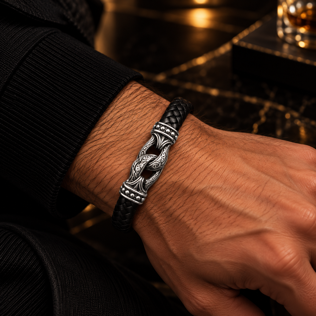 Gevlochten leren armband zwart | kliksluiting | 10mm breed