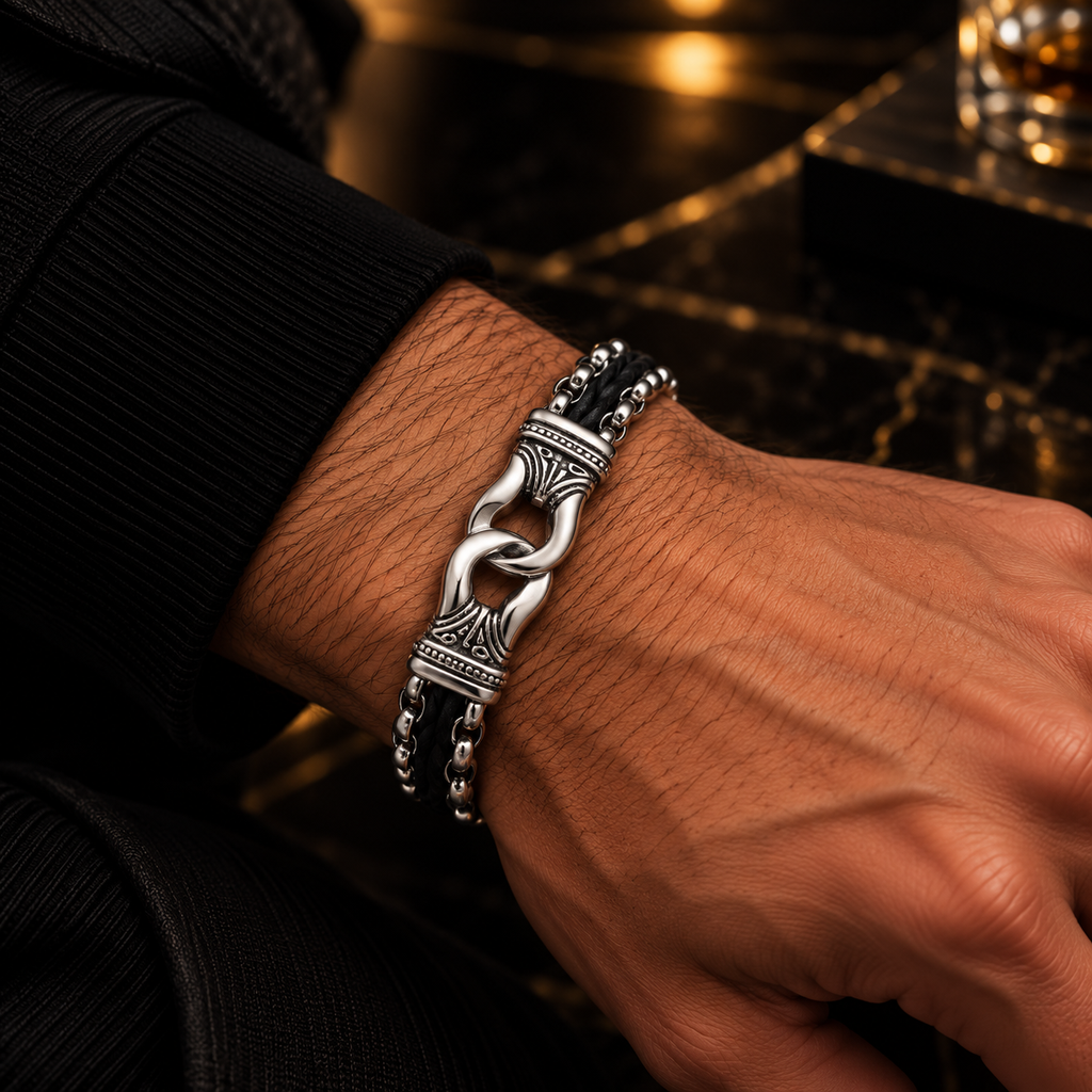Schakelarmband zilverkleurig/zwart | vouwsluiting | 20mm breed