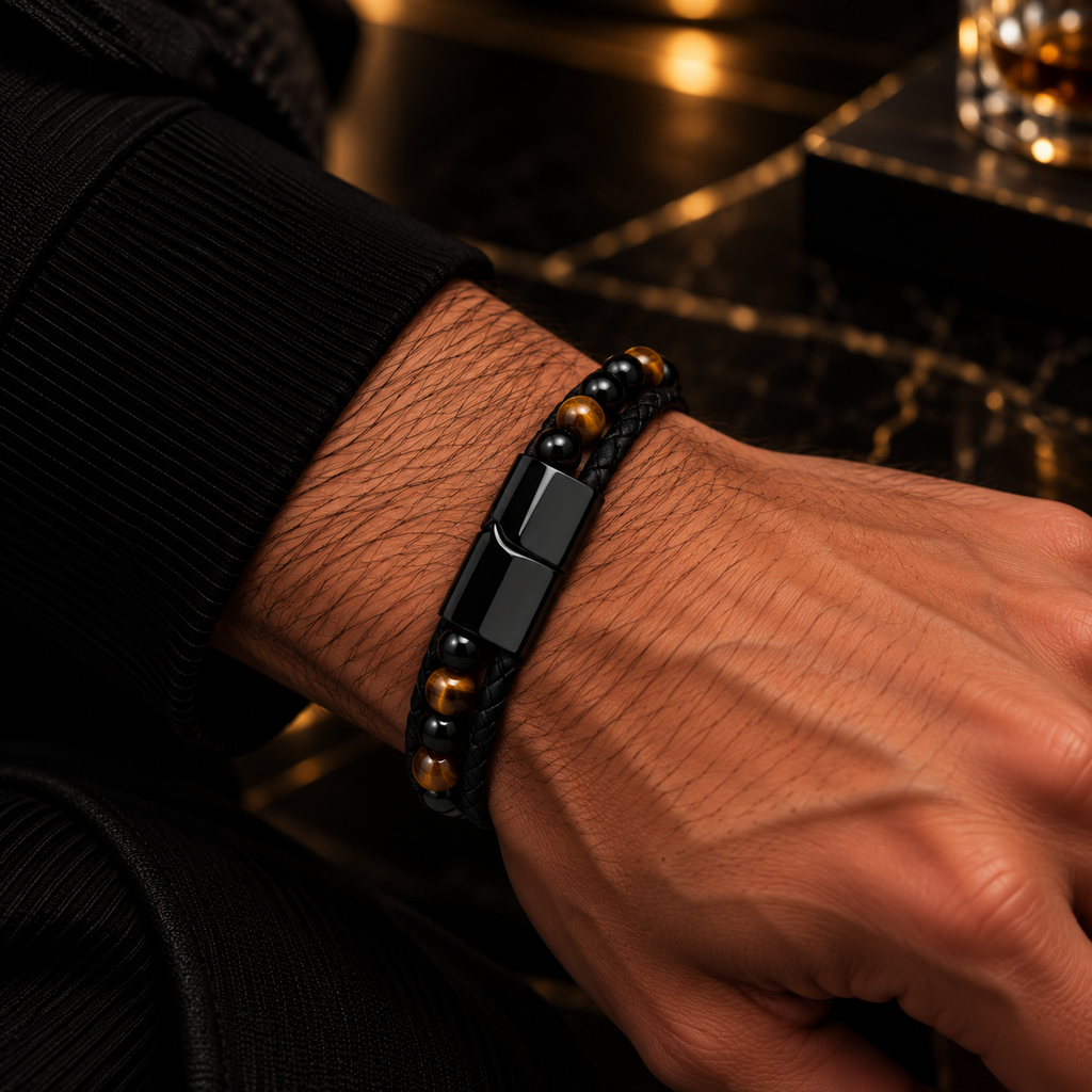 Leren armband met natuursteen | magneetsluiting | 20mm breed