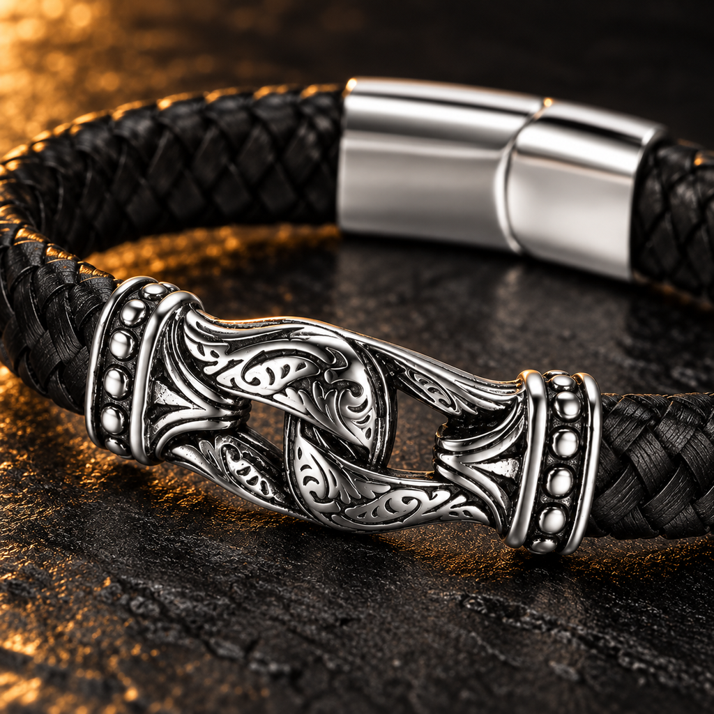 Gevlochten leren armband zwart | kliksluiting | 10mm breed