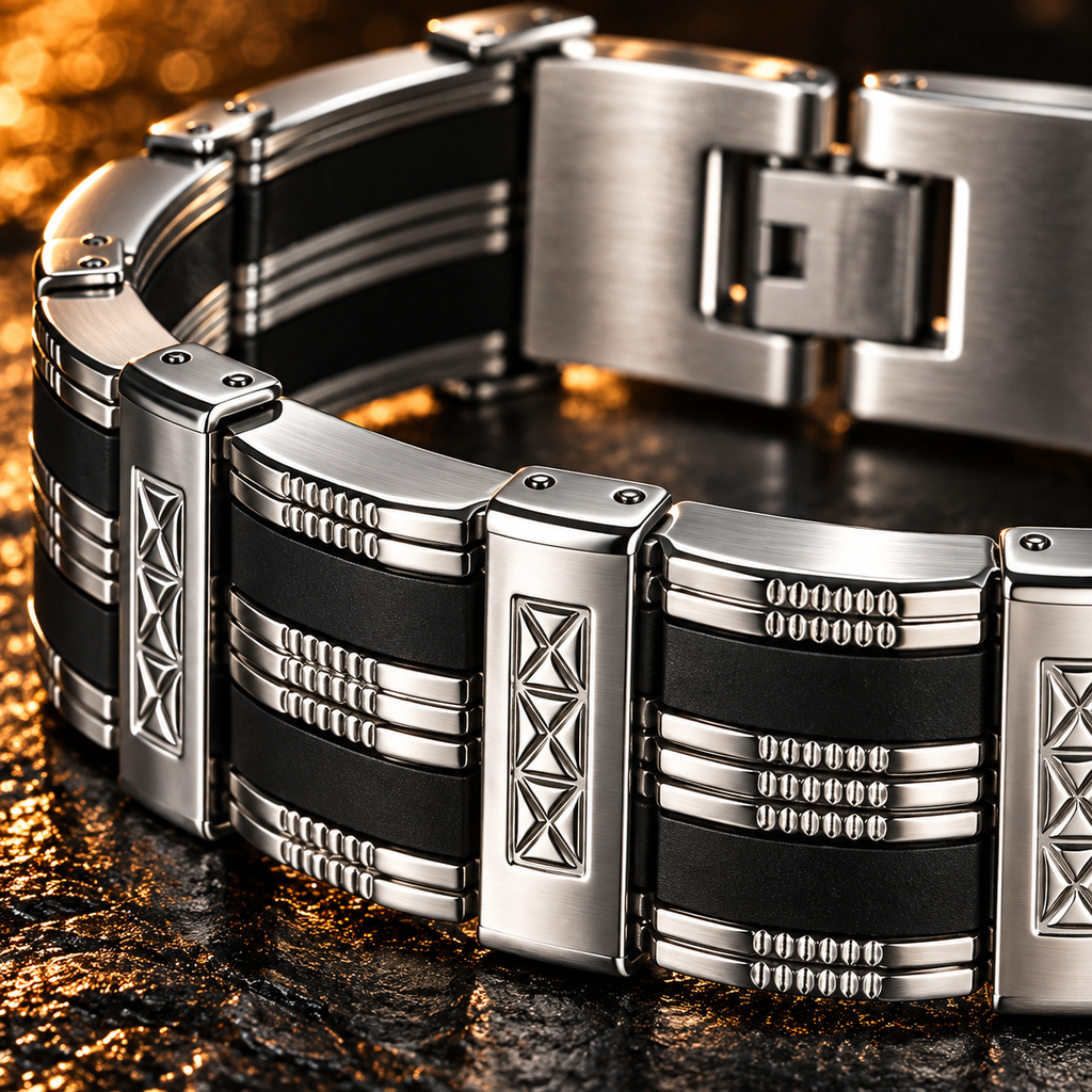 Schakelarmband zwart gestreept | vouwsluiting | 15mm breed