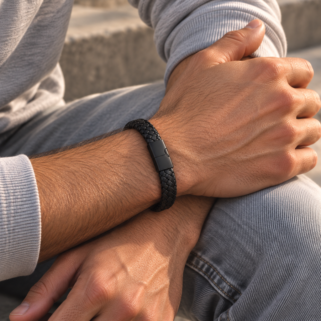 Gevlochten leren armband | titanium kliksluiting | 12mm breed