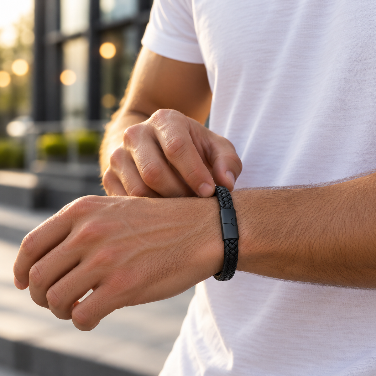 Gevlochten leren armband | titanium kliksluiting | 12mm breed
