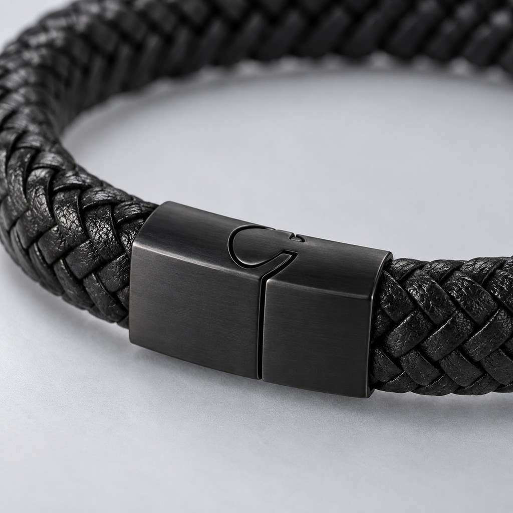 Gevlochten leren armband | titanium kliksluiting | 12mm breed