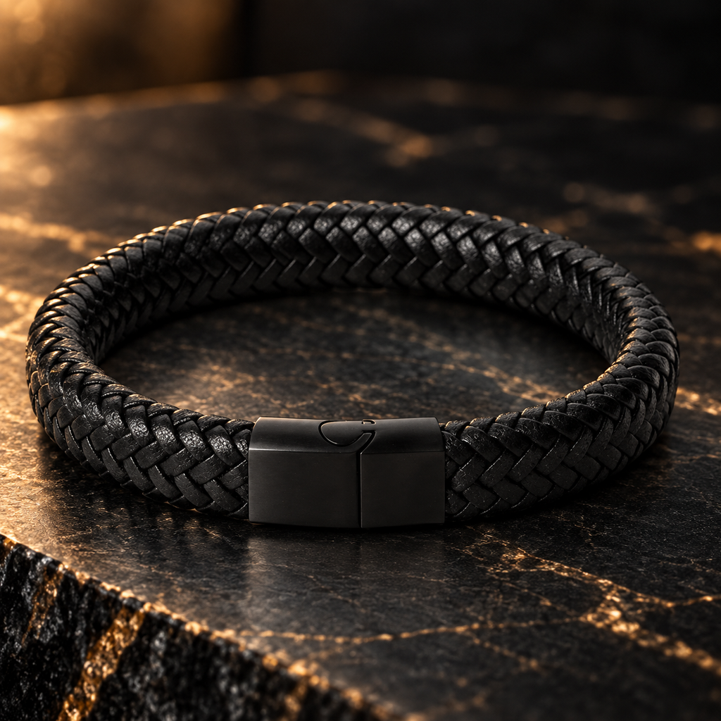 Gevlochten leren armband | titanium kliksluiting | 12mm breed