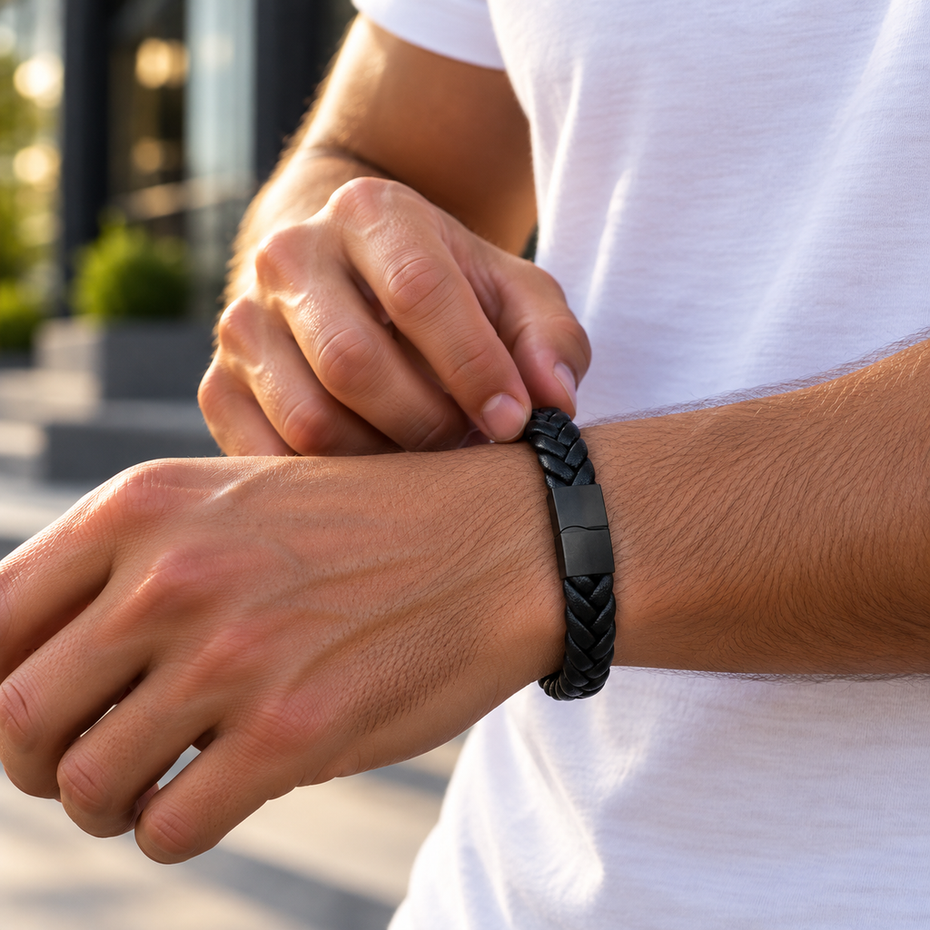 Gevlochten leren armband | magneetsluiting | 12mm breed