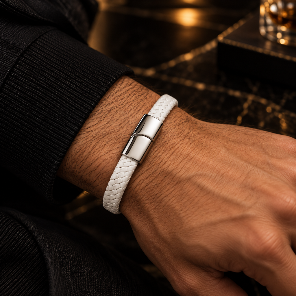 Gevlochten leren armband wit | magneetsluiting | 12mm breed