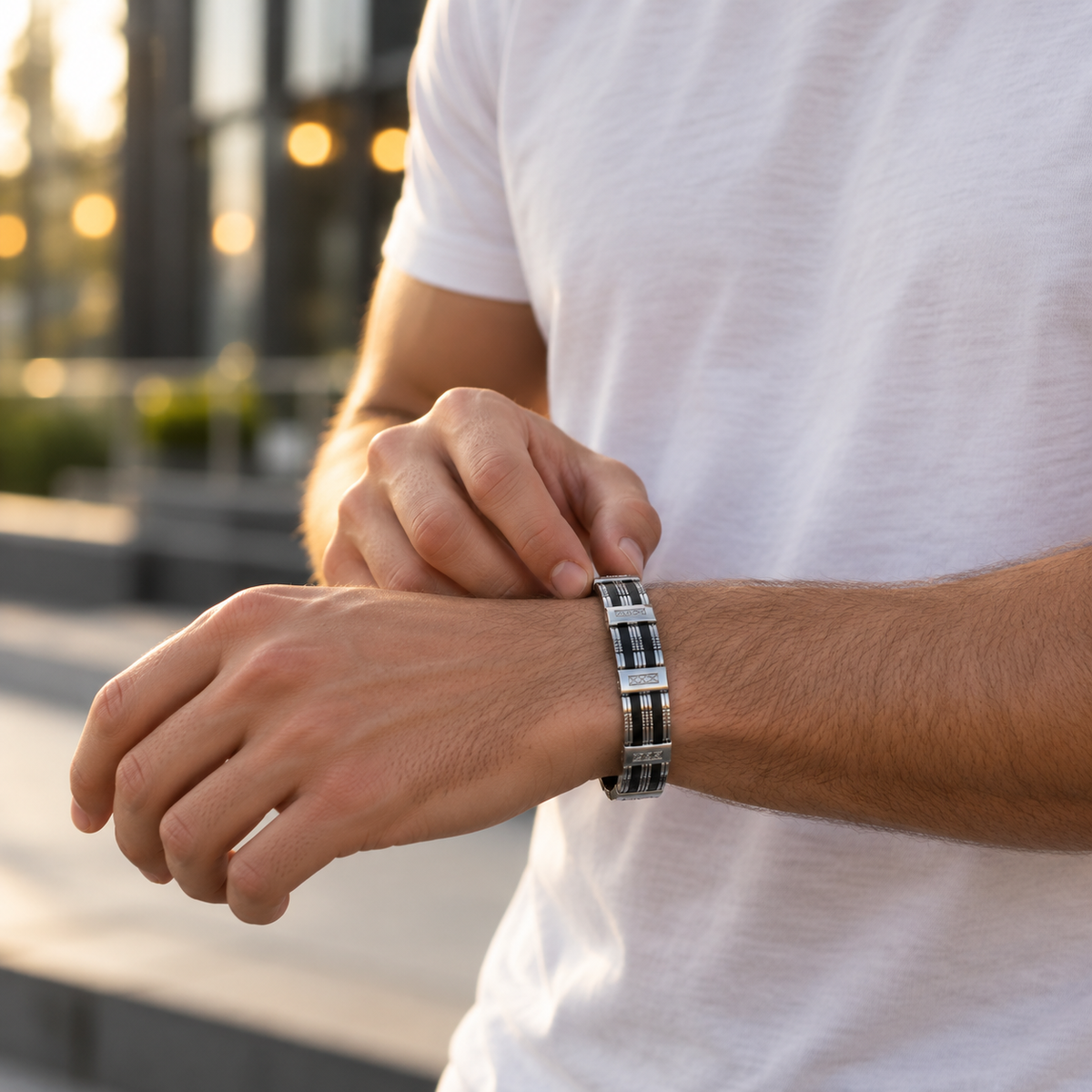 Schakelarmband zwart gestreept | vouwsluiting | 15mm breed