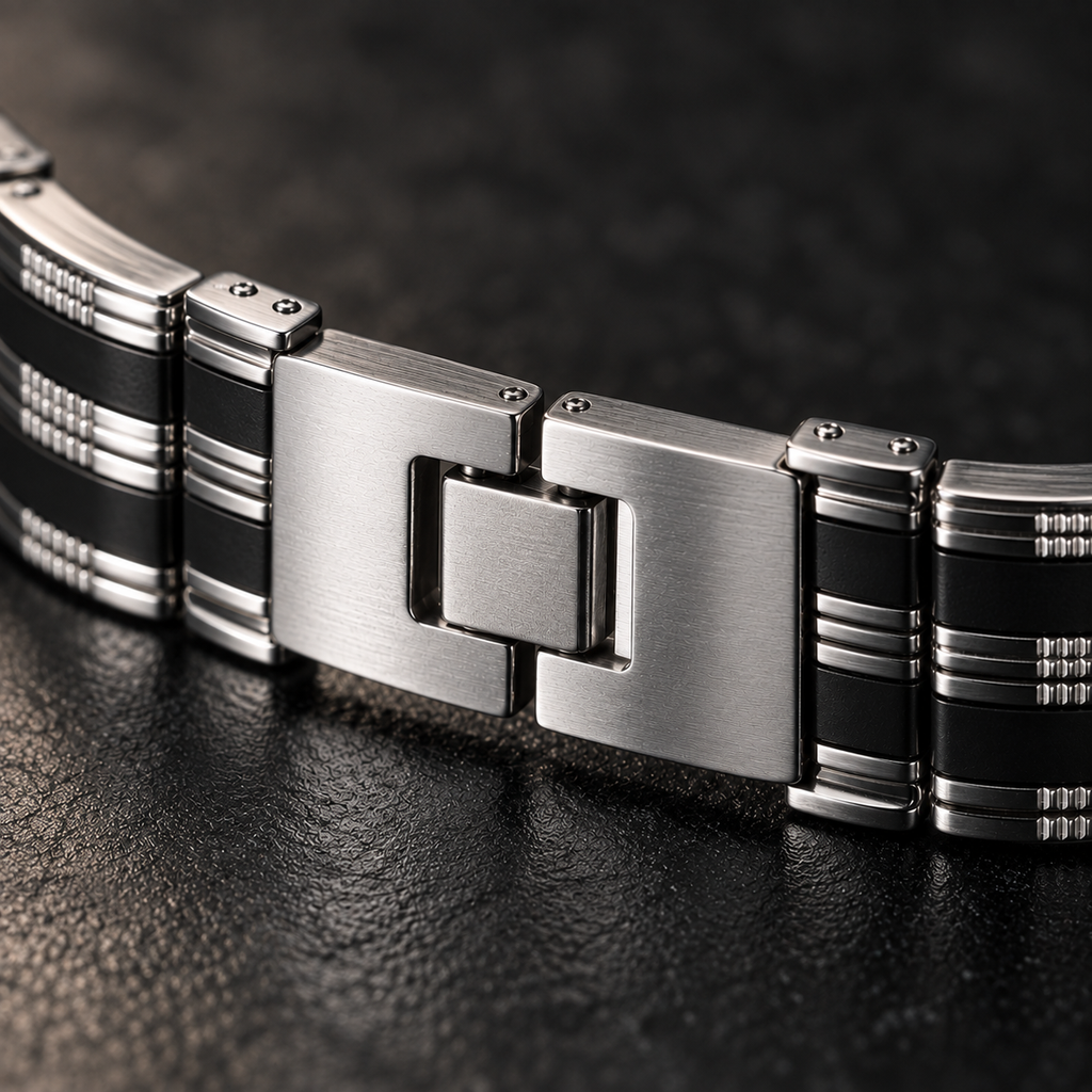 Schakelarmband zwart gestreept | vouwsluiting | 15mm breed