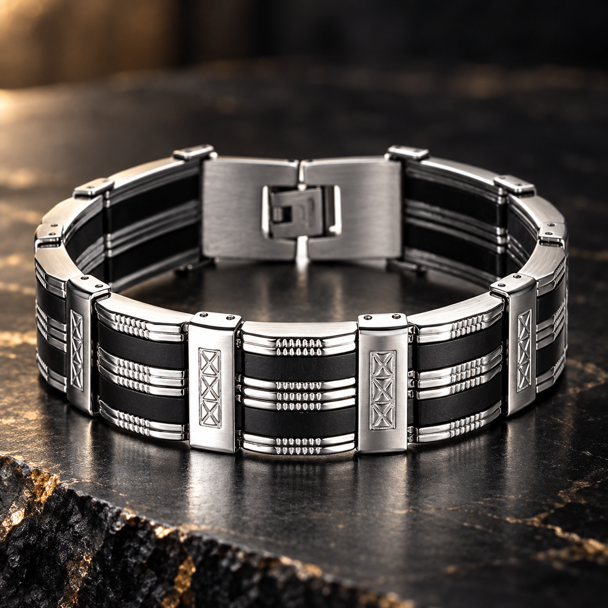 Schakelarmband zwart gestreept | vouwsluiting | 15mm breed