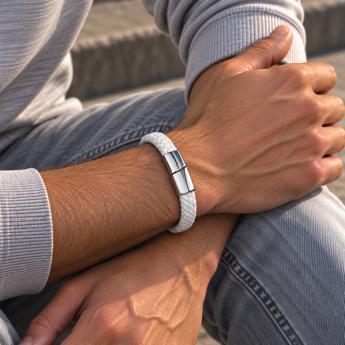 Gevlochten leren armband wit | magneetsluiting | 12mm breed
