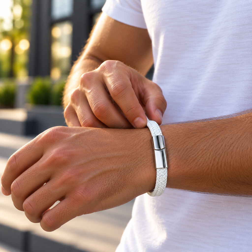 Gevlochten leren armband wit | magneetsluiting | 12mm breed
