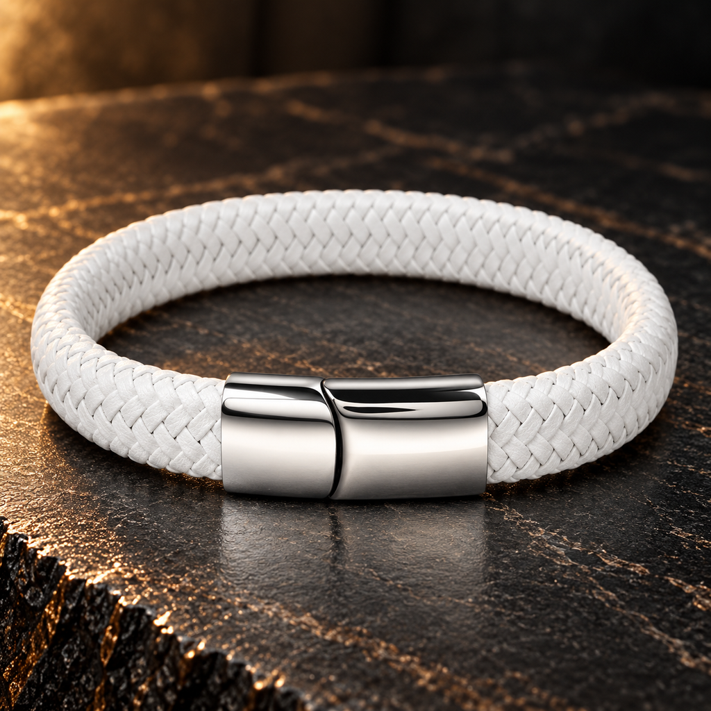 Gevlochten leren armband wit | magneetsluiting | 12mm breed