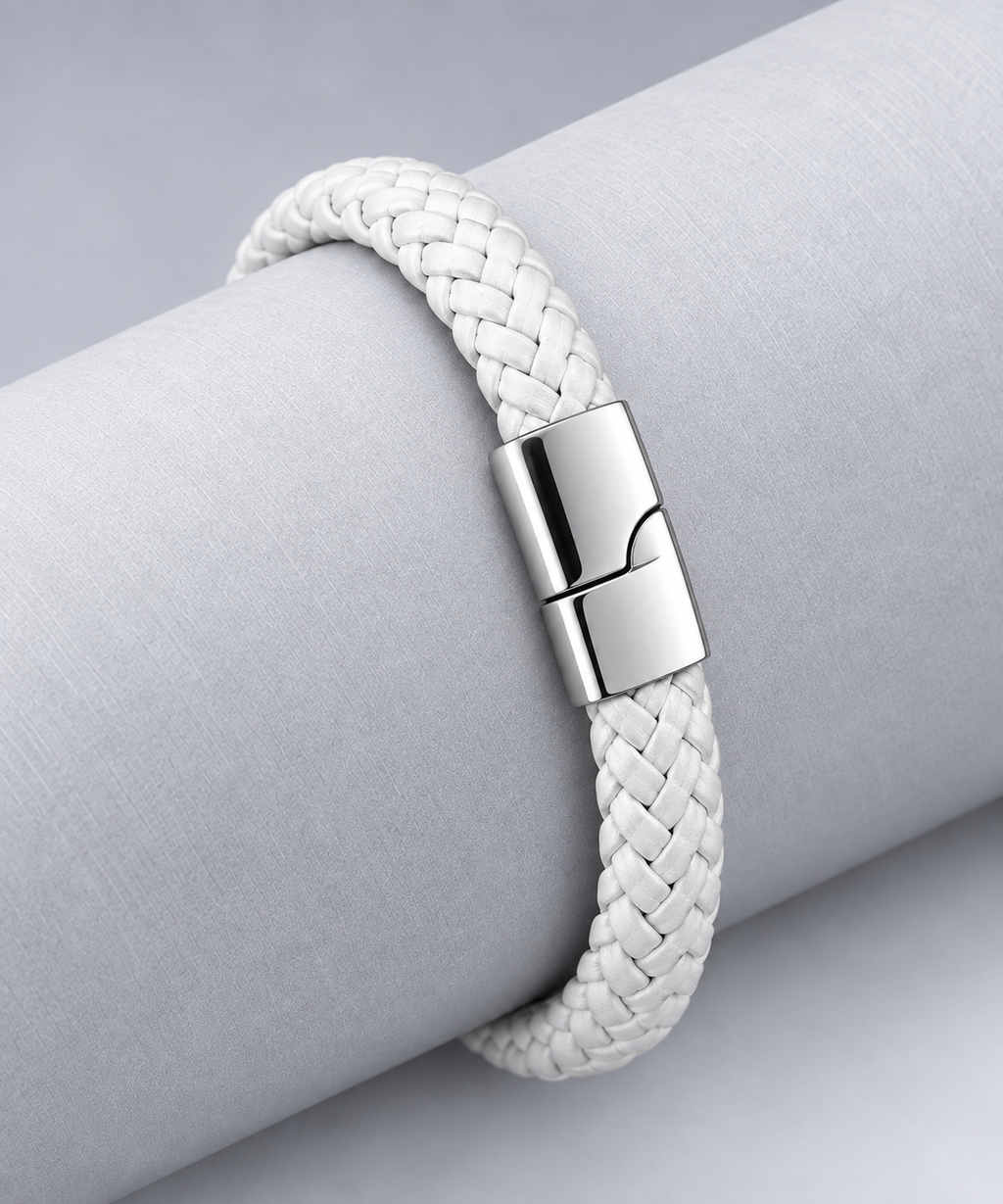 Gevlochten leren armband wit | magneetsluiting | 12mm breed