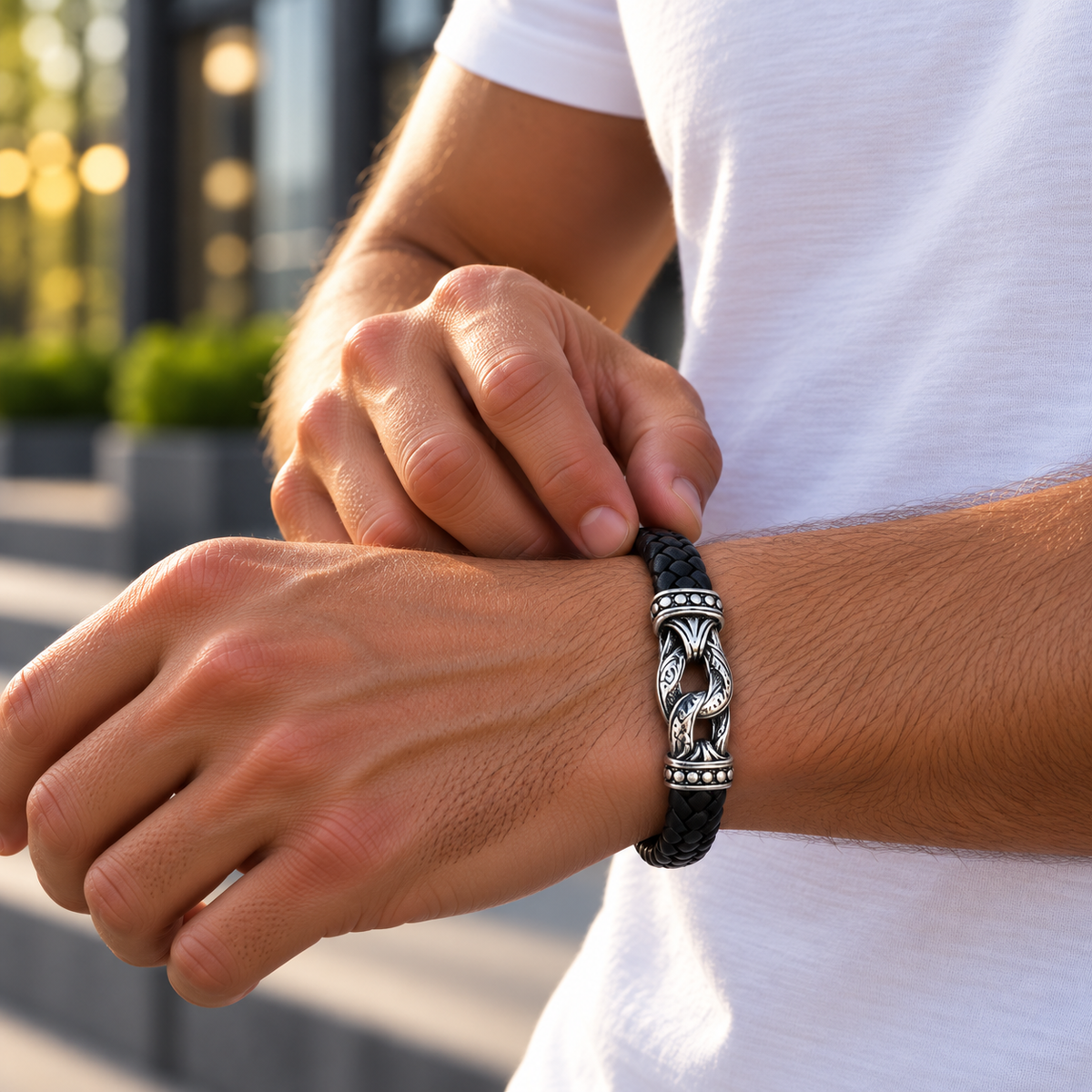 Gevlochten leren armband zwart | kliksluiting | 10mm breed