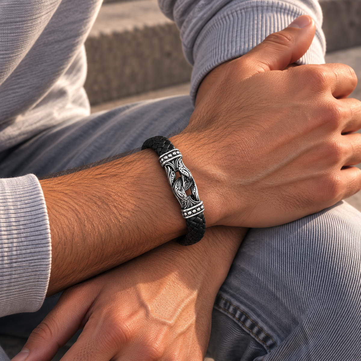 Gevlochten leren armband zwart | kliksluiting | 10mm breed