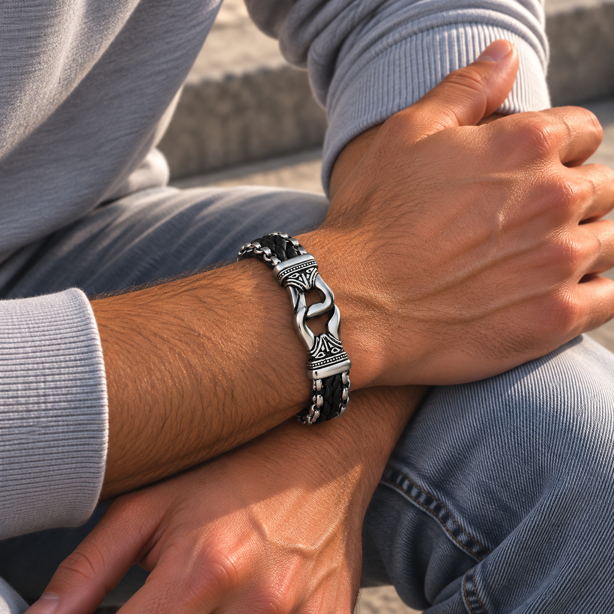 Schakelarmband zilverkleurig/zwart | vouwsluiting | 20mm breed