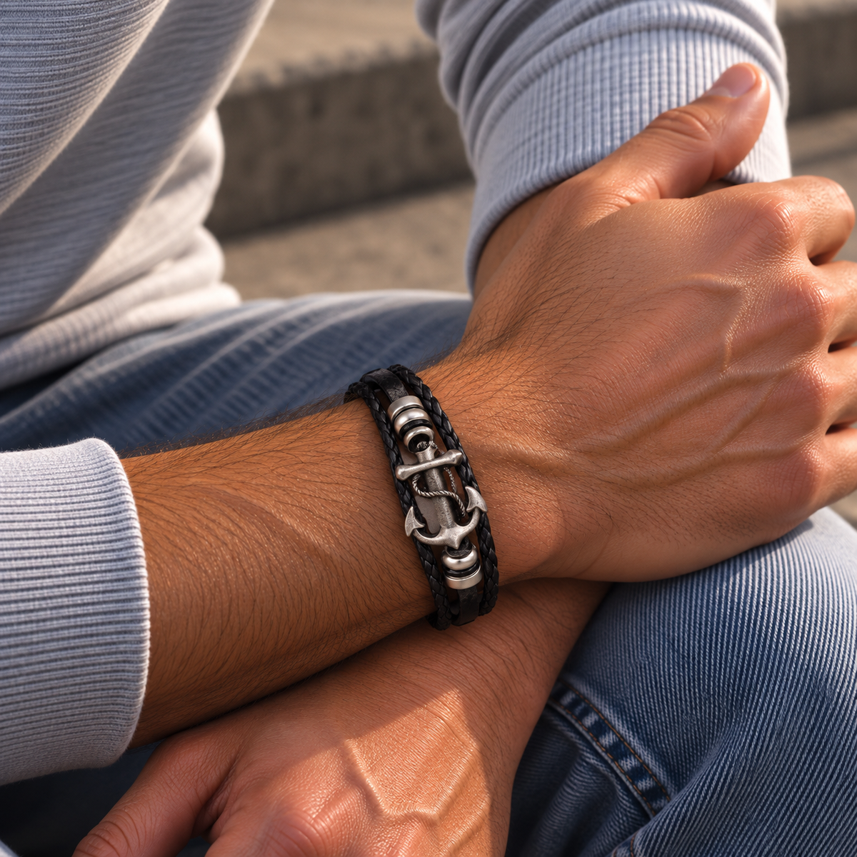 Leren armband met anker | haaksluiting | 16mm breed