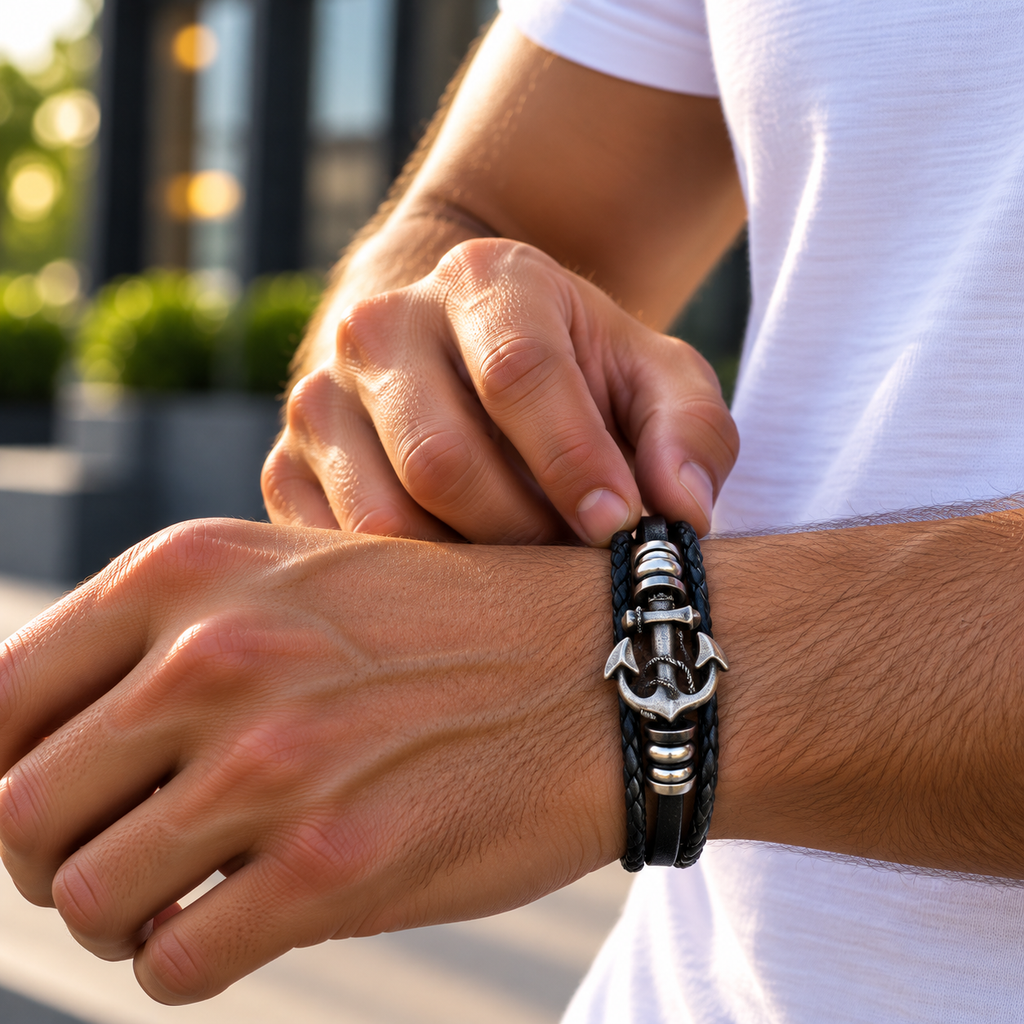 Leren armband met anker | haaksluiting | 16mm breed